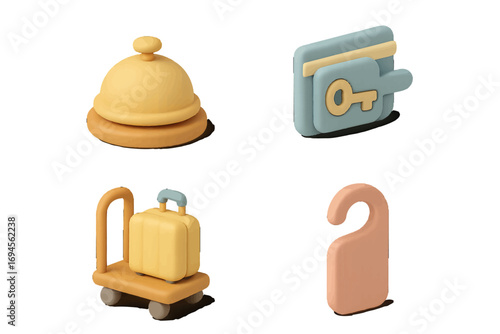 Collection of hotel and travel related 3D icons including service bell key card luggage cart and door hanger