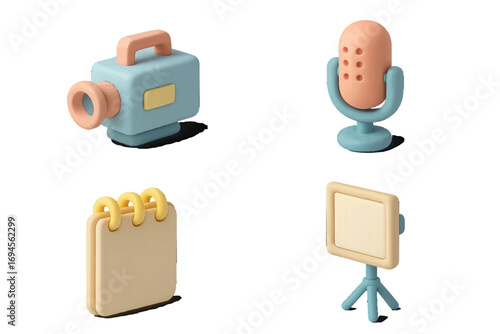 Essential equipment for modern content creation including video camera microphone notepad and light panel