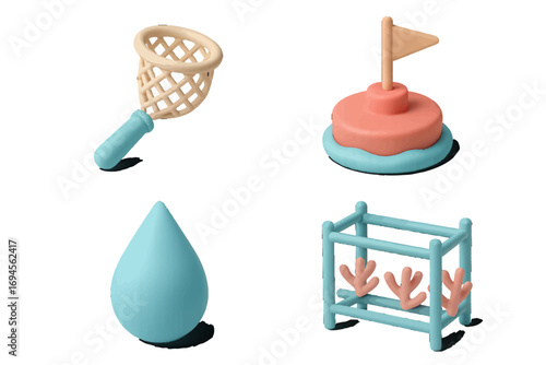 Stylized fishing net, marine buoy, water drop, and coral reef structure in soft pastel colors