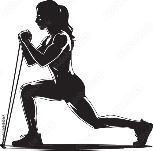 Fit woman silhouette performing lunge exercise with resistance band dynamic workout pose