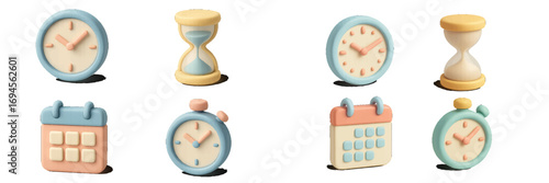 Pastel-colored collection of time management and scheduling icons including clocks, hourglasses, stopwatches, and calendars for various concepts