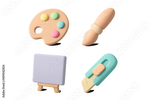 Collection of art and craft tools including a painter's palette, paintbrush, easel, and utility knife