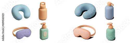 Collection of pastel colored travel and personal care essentials including neck pillows, water bottles, sleep masks, and pump bottles for comfort and hygiene on the go