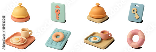 Stylized collection of hotel service, travel, and breakfast items in a modern clay-like aesthetic