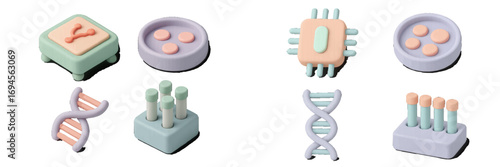 Collection of pastel 3D style science and technology icons including DNA, petri dish, test tubes, and microchip