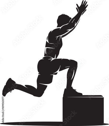 Muscular fitness athlete performing a dynamic box jump exercise in silhouette against a