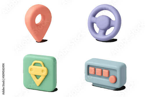 3D style icons for navigation and transport applications including location pin, steering wheel, and taxi meter