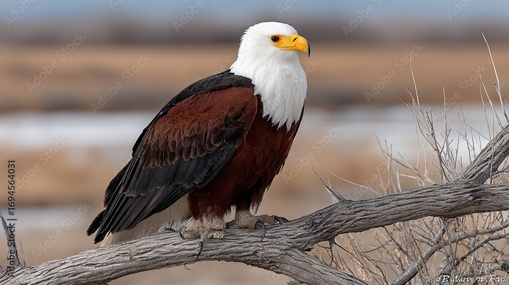 Fototapeta premium Bald eagle perched on a branch, observing its surroundings in a natural habitat during the day