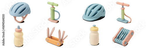Pastel colored bicycle accessories set with helmets, tire pumps, water bottles, and multi-tools for cycling and outdoor sports