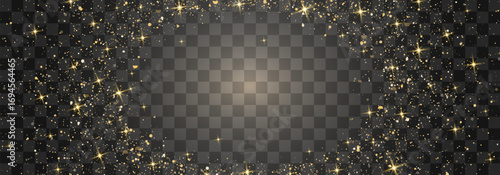 Glitter gold particles shine effect on transparent background. Vector gold glitter particles effect and texture. Stardust amber particles color on png background. Golden explosion of confetti