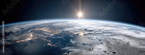 Vibrant sunrise over Earth and lunar surface captured from space highlighting natural beauty and celestial wonders