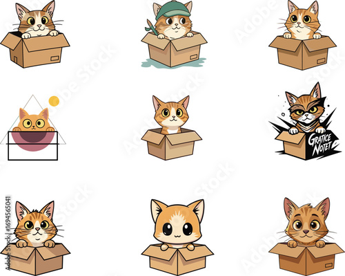 Cute cartoon cats in cardboard boxes, playful feline illustrations, expressive kitty faces, vector animal art, adorable pet clipart collection