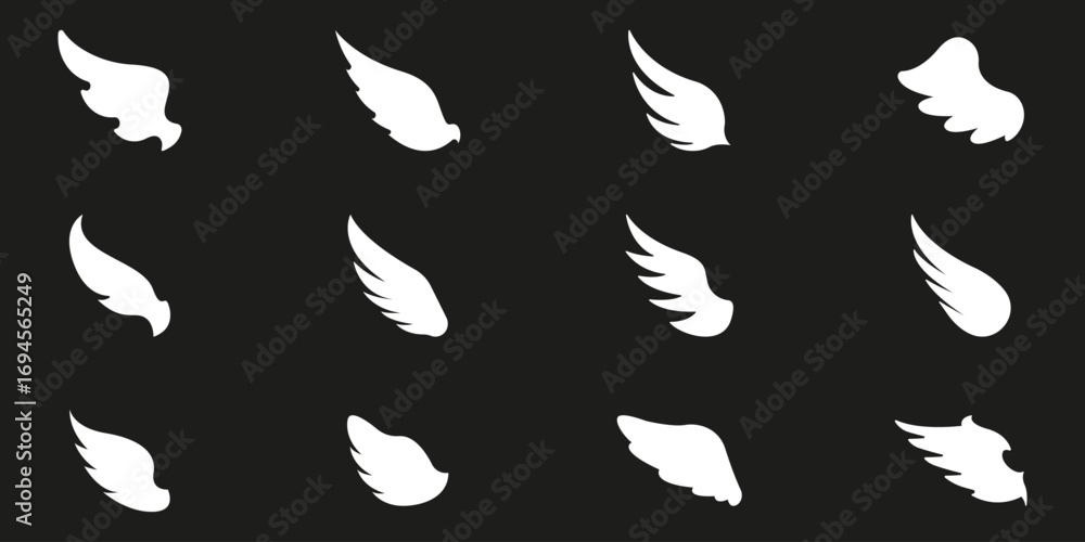 Obraz premium Winged Elements Solid Icon Set. Collection Of Wing Shapes. Freedom, Motion, Air Power, And Symbolic Ascension In Mythological. Silhouette Symbol Collection. Isolated Vector Illustration