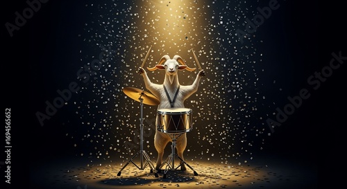 Goat drummer music performance rock band concert stage spotlight entertainment animal musician percussion rhythm beat drums cymbal sticks confetti celebration party event fun
