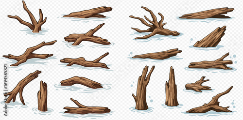 Collection of various driftwood pieces, illustrating different shapes, sizes, and states of decay, floating or submerged in water.