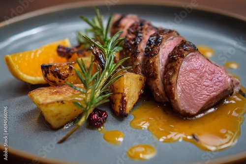 Duck lorange plated elegantly orange glaze and roasted potatoes