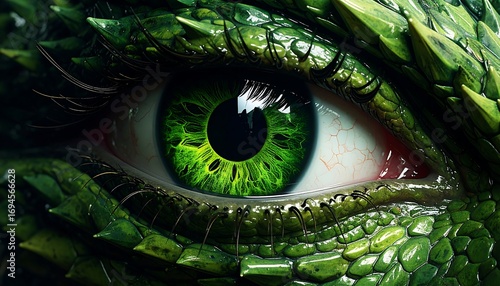 Close-up of a dragon's eye. Green scales and iris