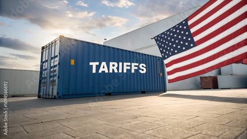 Tariff Zone – US Trade Measures and Global Impact, Conceptual, Abstract, Business, Blue Shipping Container, American Flag