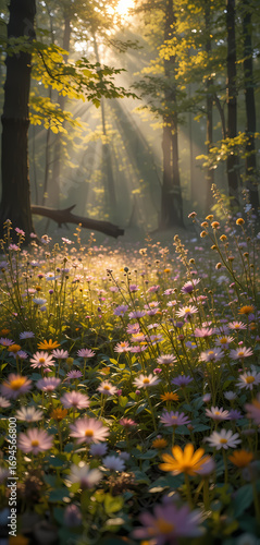 Serene magical forest with beautiful sunbeam light shining through tree onto tranquil meadow of colorful wildflower