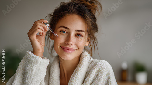 Smiling woman applying skincare serum with dropper in cozy home bathroom