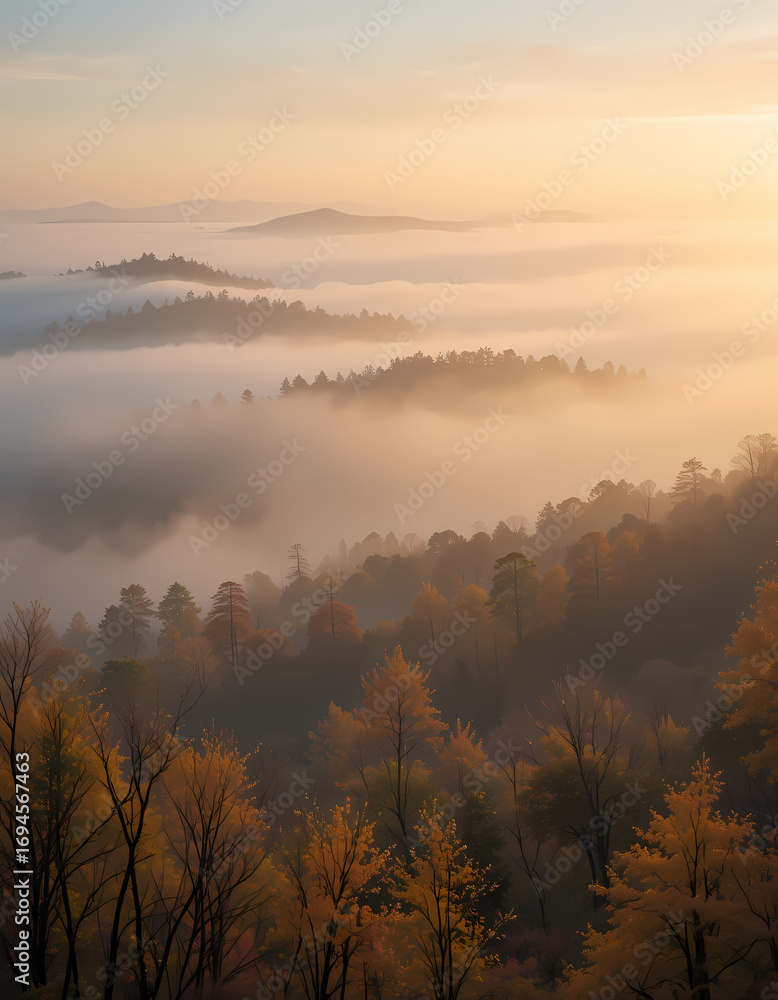 Obraz premium Serene mountain forest landscape during an autumn sunrise with fog. This scenic view of nature and warm light creates peaceful atmosphere