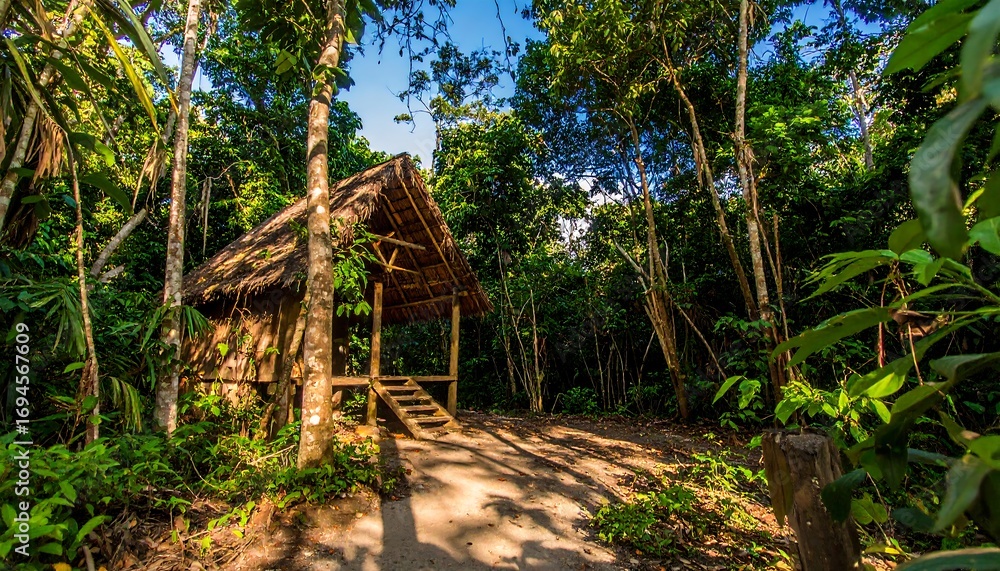 Fototapeta premium Lush jungle hut nestled in dense foliage