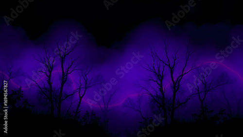A spooky forest scene with dark trees silhouetted against a purple and black misty background