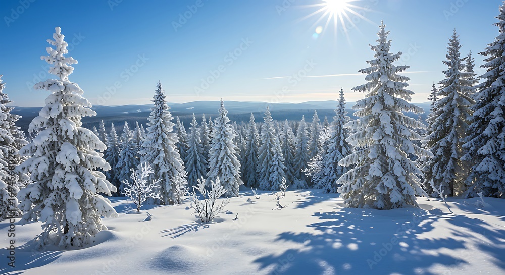 Naklejka premium Golden Winter Morning: Sunlit Forest with Pristine Powder Snow and Clear Sky