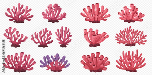 Collection of twelve diverse pink and purple coral reef illustrations.
