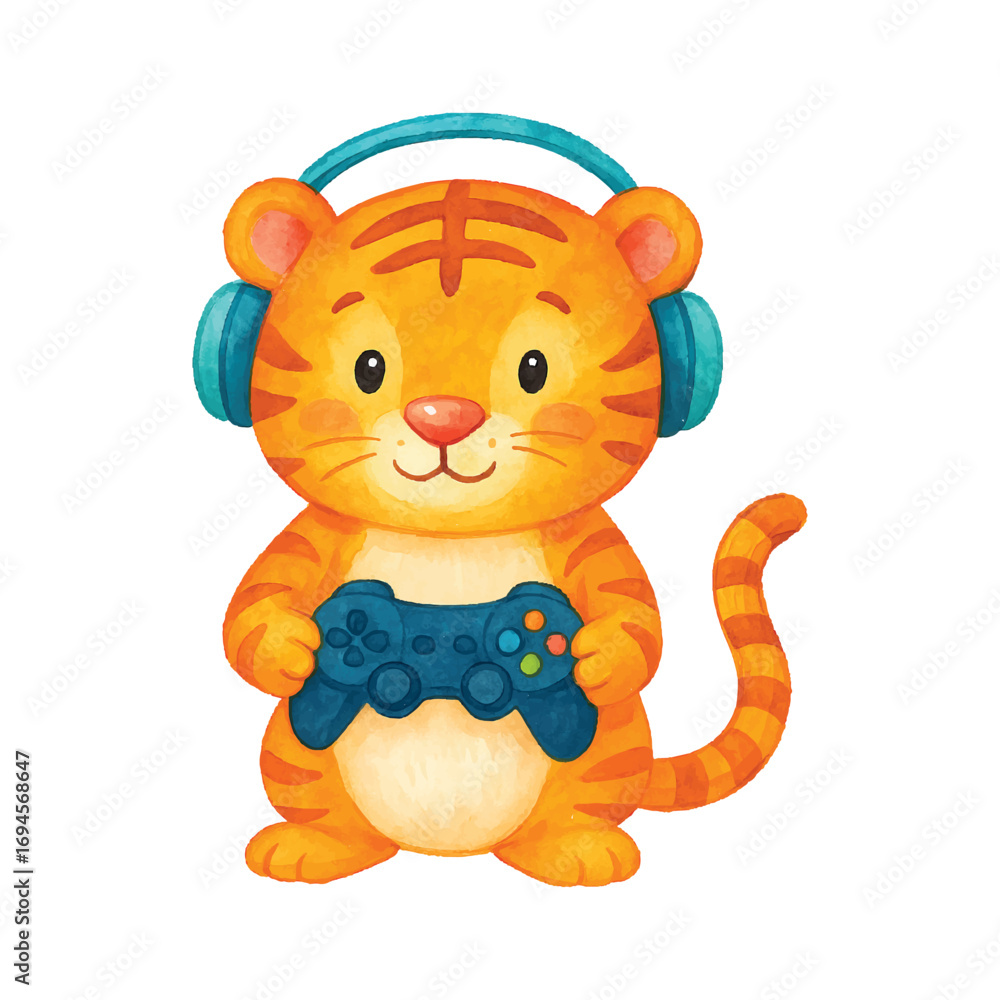 Obraz premium Cute watercolor tiger gamer with blue headset and dark controller