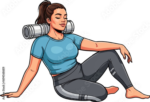Relaxed Plus Size Woman Resting After Workout with Yoga Mat
