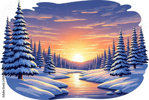 Winter Sunset Over Snowy Pine Forest