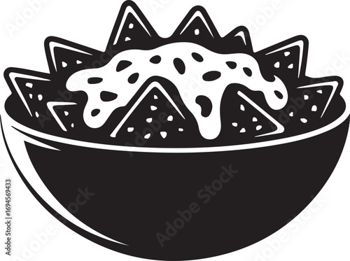 Black and white illustration of a bowl of nachos with melted cheese