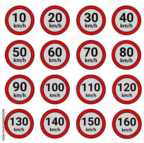 Set of speed limit icons from 10-160 km h. Traffic signs speed limit icon with red circle.