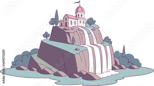 Enchanting castle atop a rocky cliff with a majestic waterfall cascading into a serene pool below.