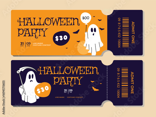 Halloween tickets set. Spooky festive ticket design with cute ghosts. Flat vector illustration for party invitation, celebration banner, flyer, or poster.	