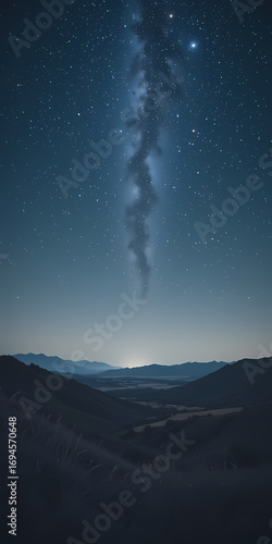Majestic milky way galaxy with star in serene night sky over dark mountain landscape. peaceful and vast view of space and cosmos