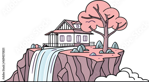 Dreamy secluded house perched on cliffside with waterfall and vibrant tree creating serene escape