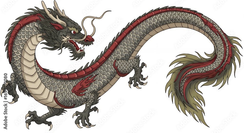 Obraz premium Detailed illustration of an eastern dragon showcasing intricate design and vibrant colors against a neutral background