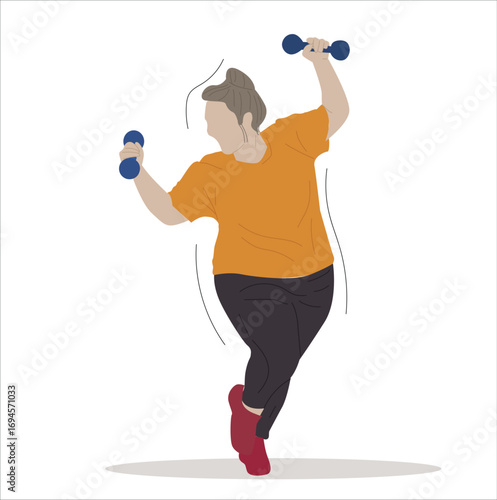 fat woman lifting barbell. Overweight woman doing sports, wanting to lose weight, lifts dumbbells sitting on inflatable fitness ball. 