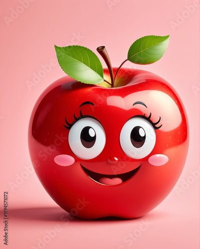 Cute cartoon red apple with smiling face and big eyes on pink background.