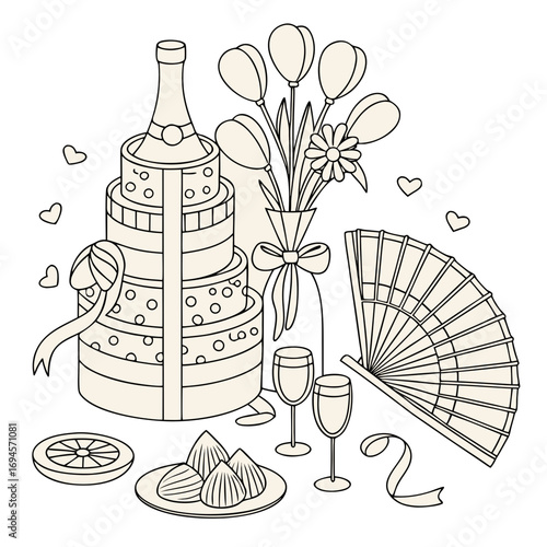 Celebration still life with cake champagne flowers and fan