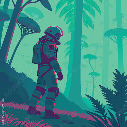 Astronaut explores vibrant alien jungle, seeking new frontiers in stunning sci-fi adventure