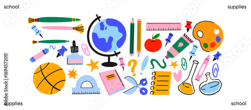 Set cartoon school supplies stickers. Back to school vector collection with globe, pencils, books, rulers, paint palette, basketball, apple, chemistry flasks. Bright colorful education clipart for les