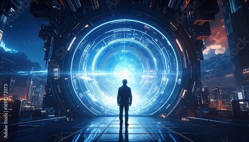 A futuristic cityscape backdrop showcases a person standing before a glowing portal, radiating an aura of mystery and possibility.