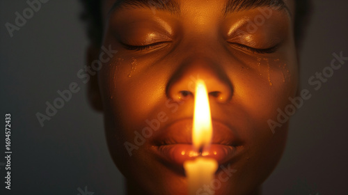 Wallpaper Mural A close-up portrait of African-American woman with closed eyes in soft candlelight with a flame, isolated on a solid dark grey background. Torontodigital.ca