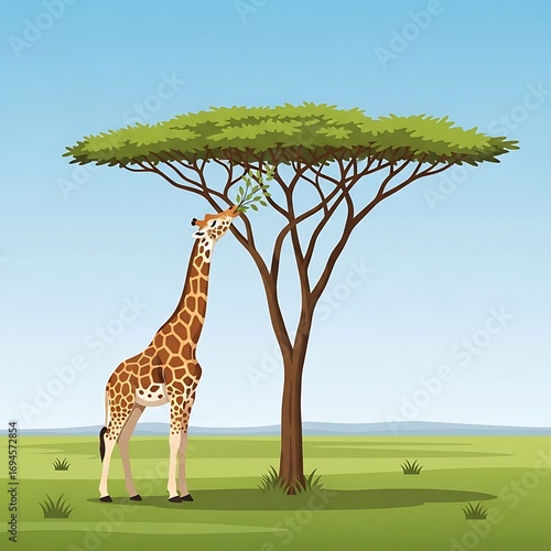Giraffe eating acacia tree with savanna.