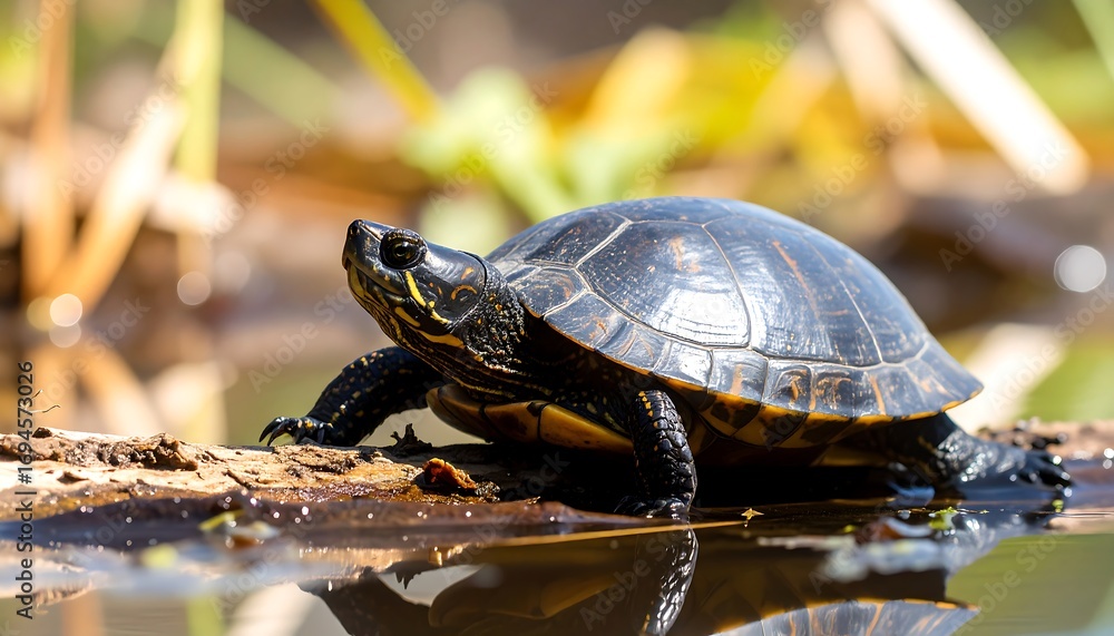 Obraz premium Turtle basking on log in shallow water