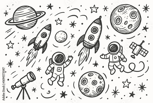 Astronauts exploring space with rockets and planets in doodle art
