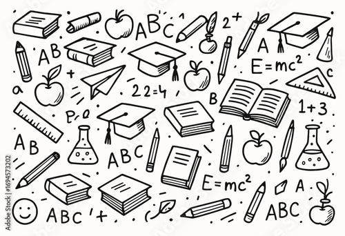Doodle design of educational symbols with books, apples, and math icons
